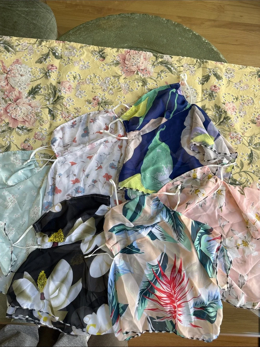 6 Washable Floral Print face masks with attached scarf  -Assorted Colors